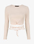Crop top côtelé à manches longues et liens à nouer - Beige - 4