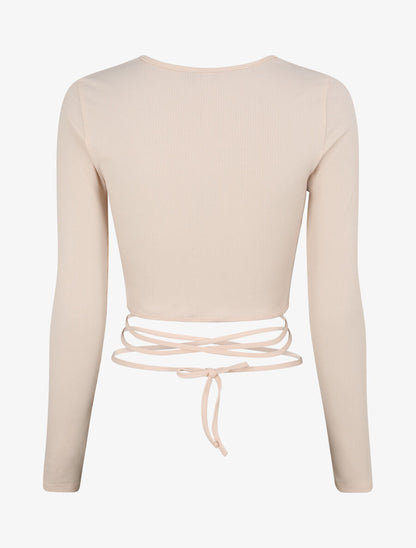 Crop top côtelé à manches longues et liens à nouer - Beige - 2