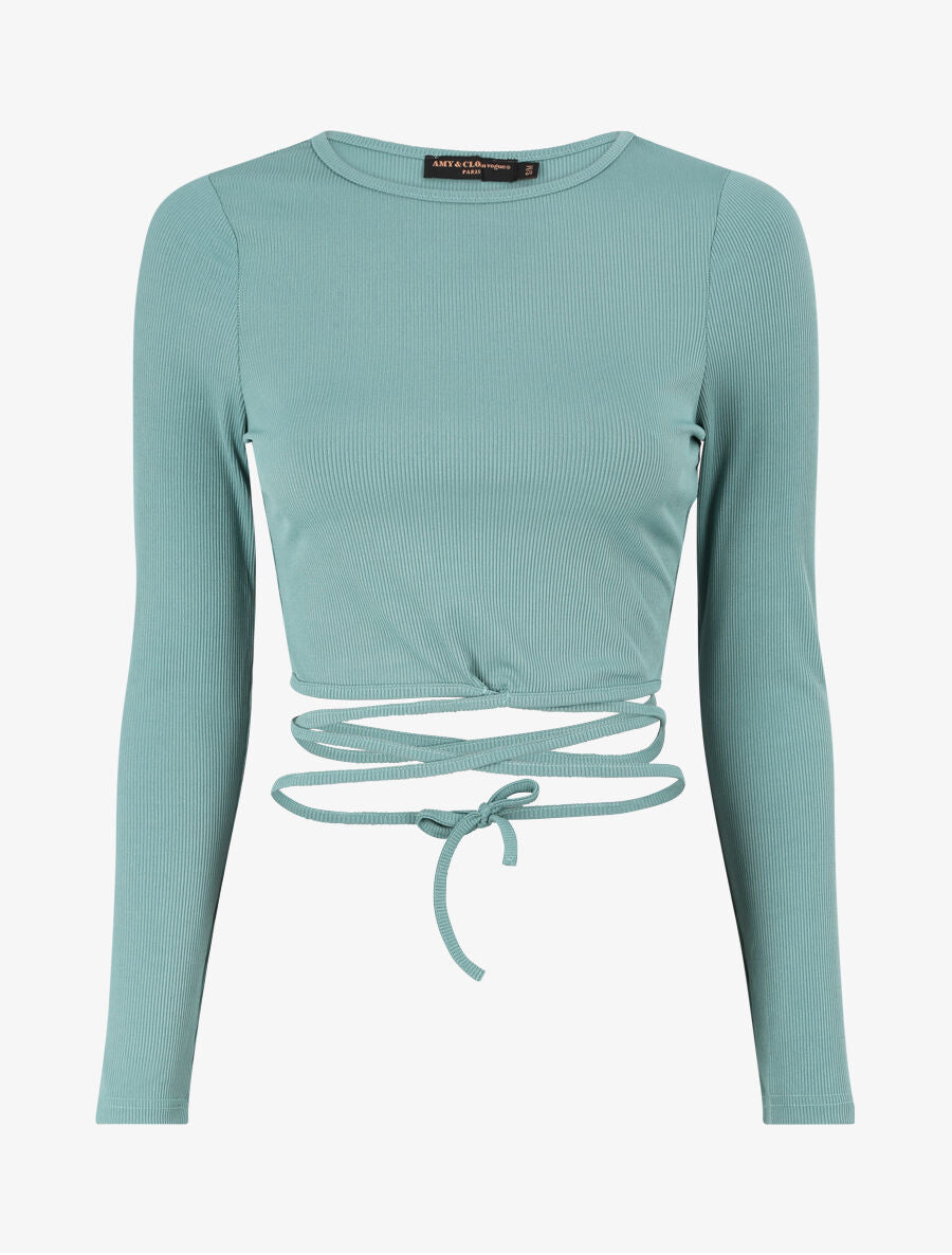 Crop top côtelé à manches longues et liens à nouer - Menthe - 1
