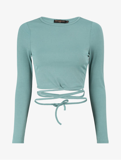 Crop top côtelé à manches longues et liens à nouer - Menthe - 1