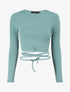 Crop top côtelé à manches longues et liens à nouer - Menthe - 1