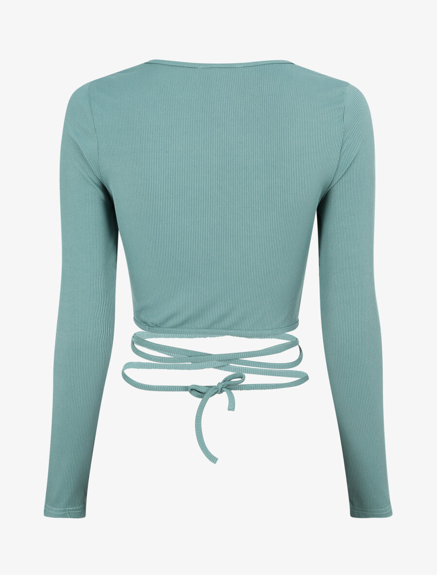 Crop top côtelé à manches longues et liens à nouer - Menthe - 2