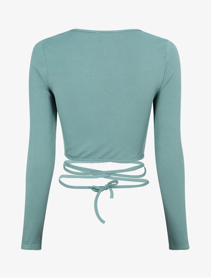 Crop top côtelé à manches longues et liens à nouer - Menthe - 2