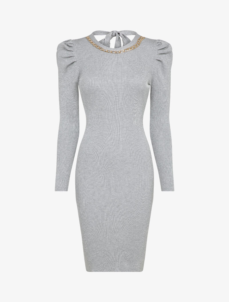 Robe pull côtelée et moulante à détail chaîne - Gris clair - 1