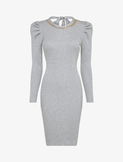 Robe pull côtelée et moulante à détail chaîne - Gris clair - 1