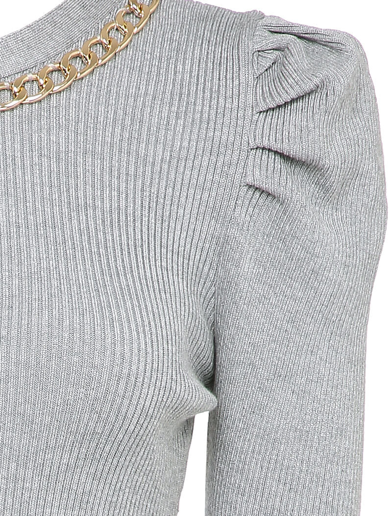Robe pull côtelée et moulante à détail chaîne - Gris clair - 3