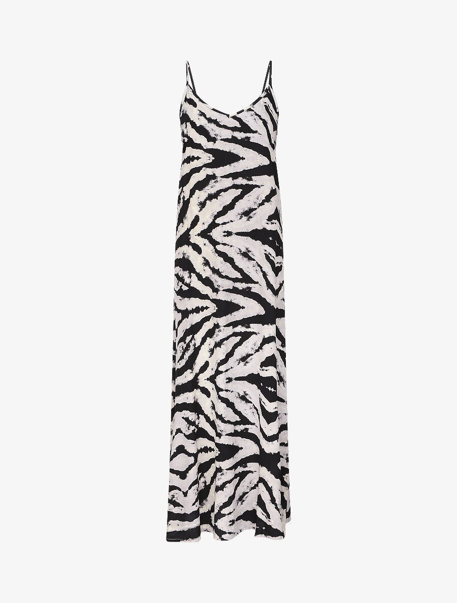 Robe longue à fines bretelles imprimé graphique - Beige - 1
