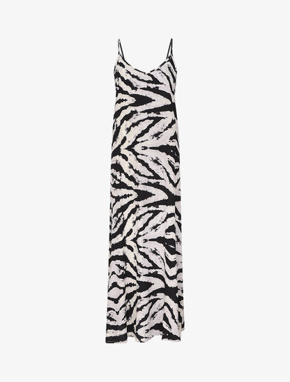 Robe longue à fines bretelles imprimé graphique - Beige - 1