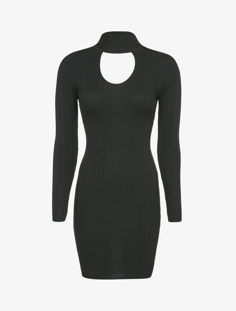 Robe pull côtelée à décolleté en V - Noir - 1
