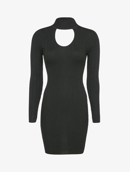Robe pull côtelée à décolleté en V - Noir - 1