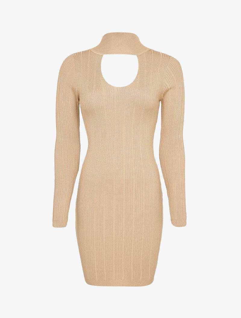 Robe pull côtelée à décolleté en V - Beige - 3