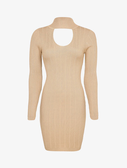 Robe pull côtelée à décolleté en V - Beige - 3