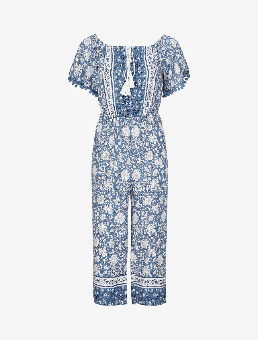 Combinaison imprimé floral stylisé à manches à pompons - Bleu - 4