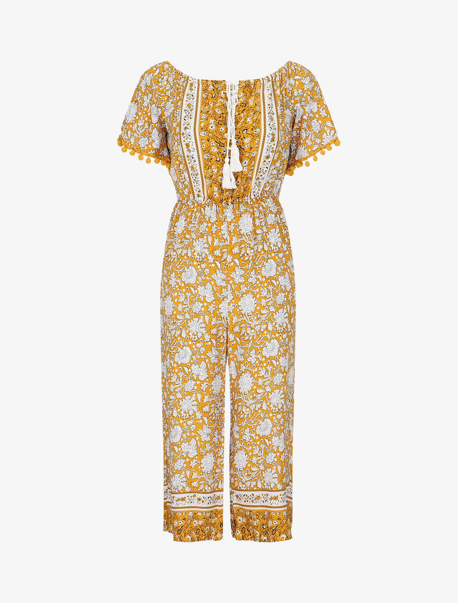 Combinaison imprimé floral stylisé à manches à pompons - Moutarde - 1