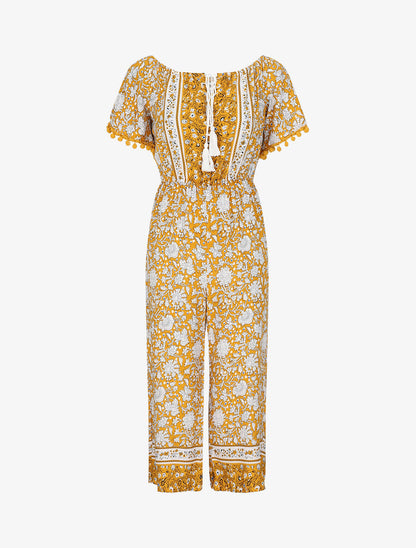 Combinaison imprimé floral stylisé à manches à pompons - Moutarde - 1