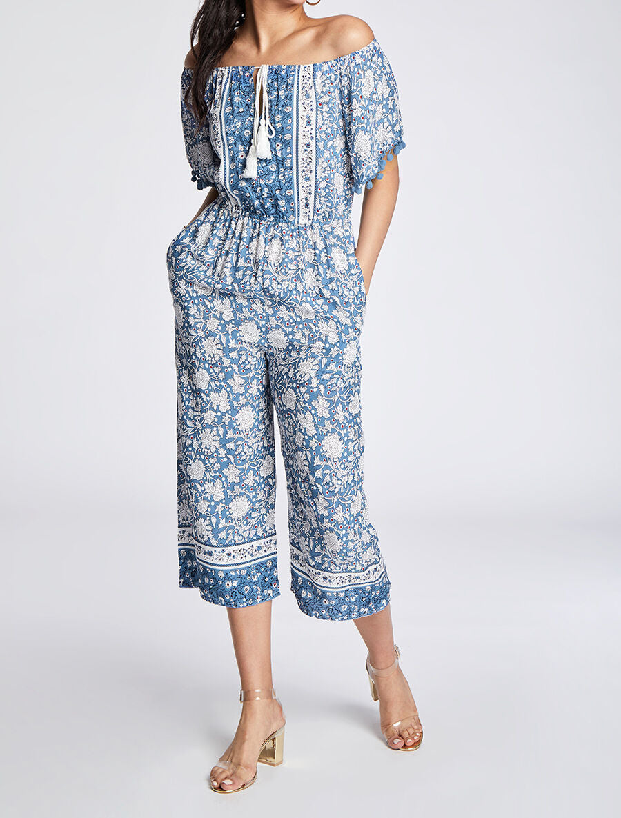 Combinaison imprimé floral stylisé à manches à pompons - Bleu - 3