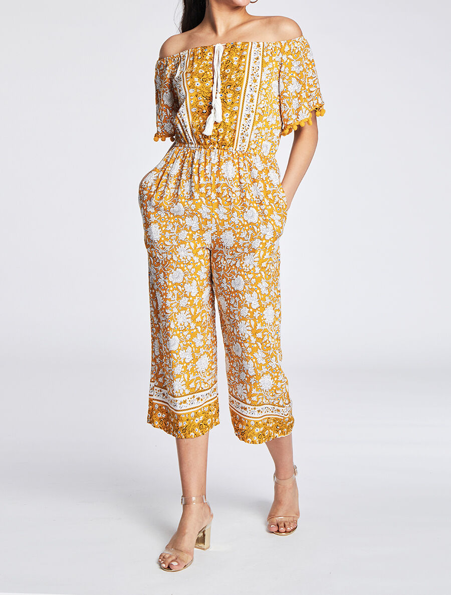 Combinaison imprimé floral stylisé à manches à pompons - Moutarde - 3