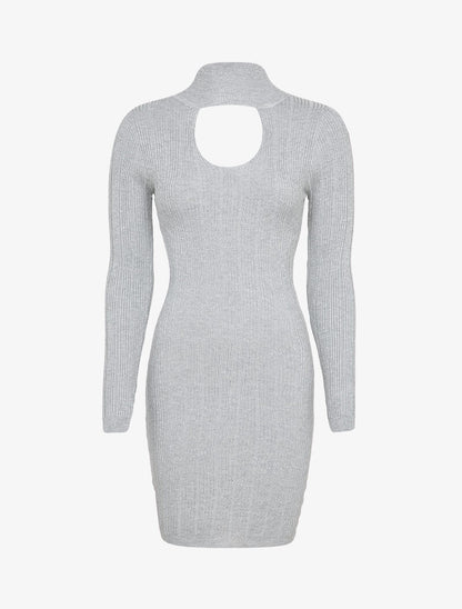 Robe pull côtelée à décolleté en V - Gris - 1