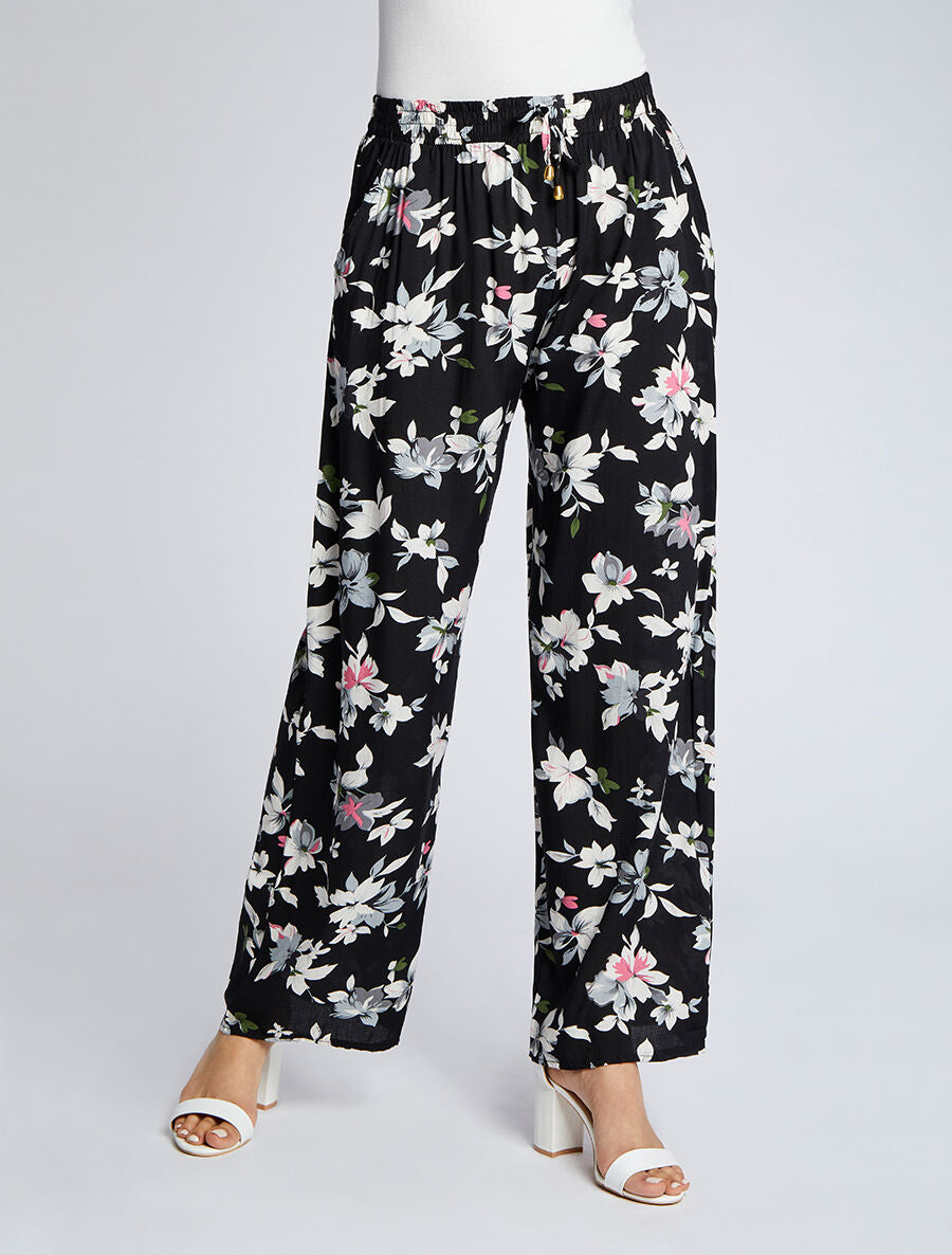 Pantalon ample imprimé été fleuri - Noir - 4