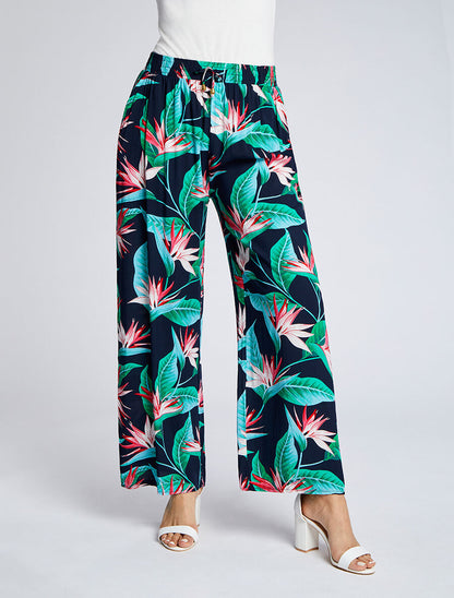 Pantalon ample imprimé végétal - Marine - 4