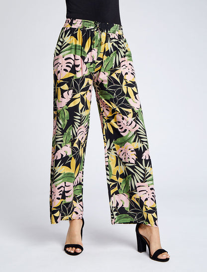 Pantalon ample imprimé tropical - Noir - 4