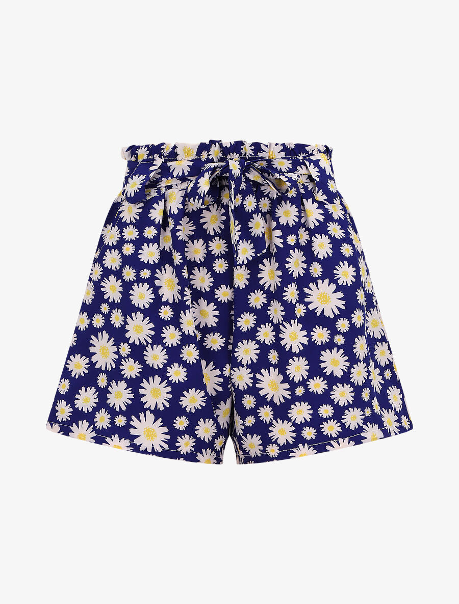 Short à taille froncée imprimé pâquerettes - Bleu - 1