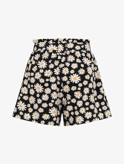 Short à taille froncée imprimé pâquerettes - Noir - 2