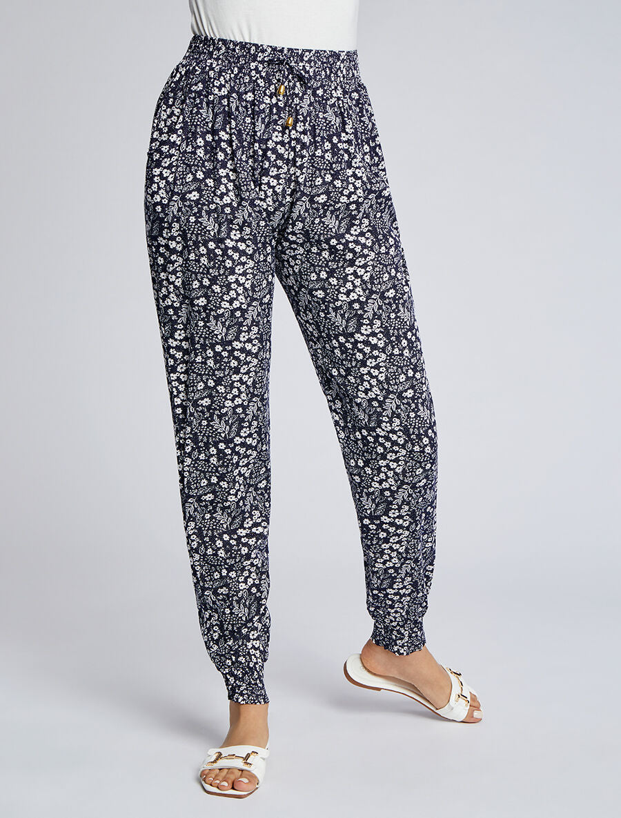 Pantalon imprimé petites fleurs - Marine - 4