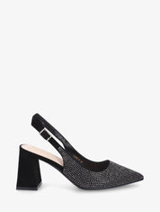 Escarpins en suédine à talon bloc et strass - Noir - 5