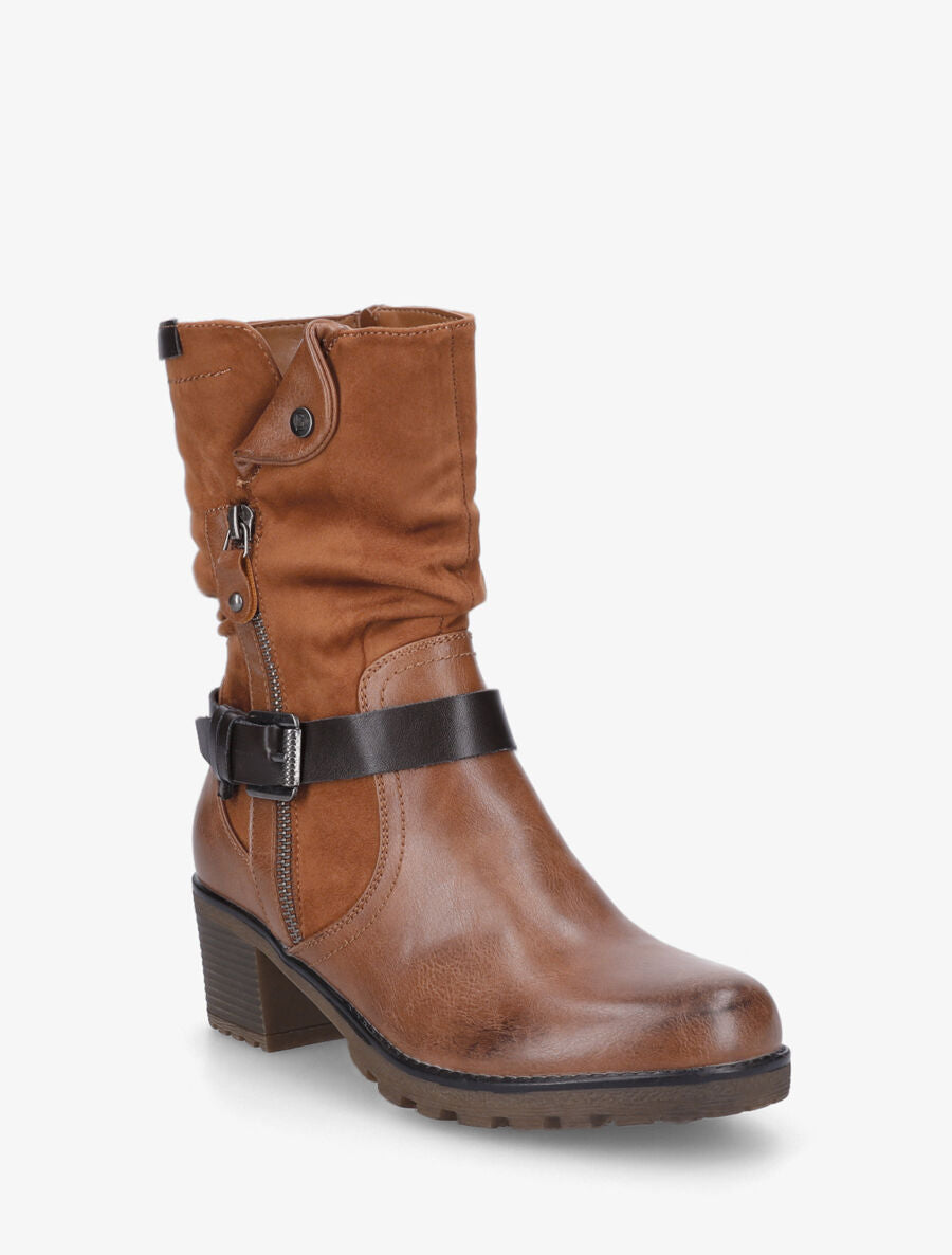 Bottines montantes bi-matière à zip - Camel - 2