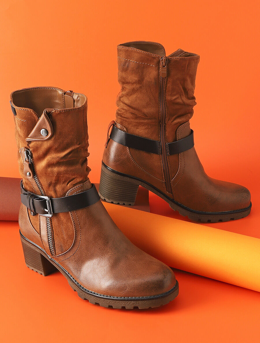 Bottines montantes bi-matière à zip - Camel - 5