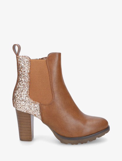 Bottines en simili à contrefort pailleté - Camel - 1