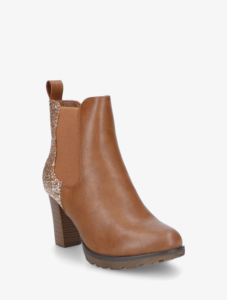 Bottines en simili à contrefort pailleté - Camel - 2