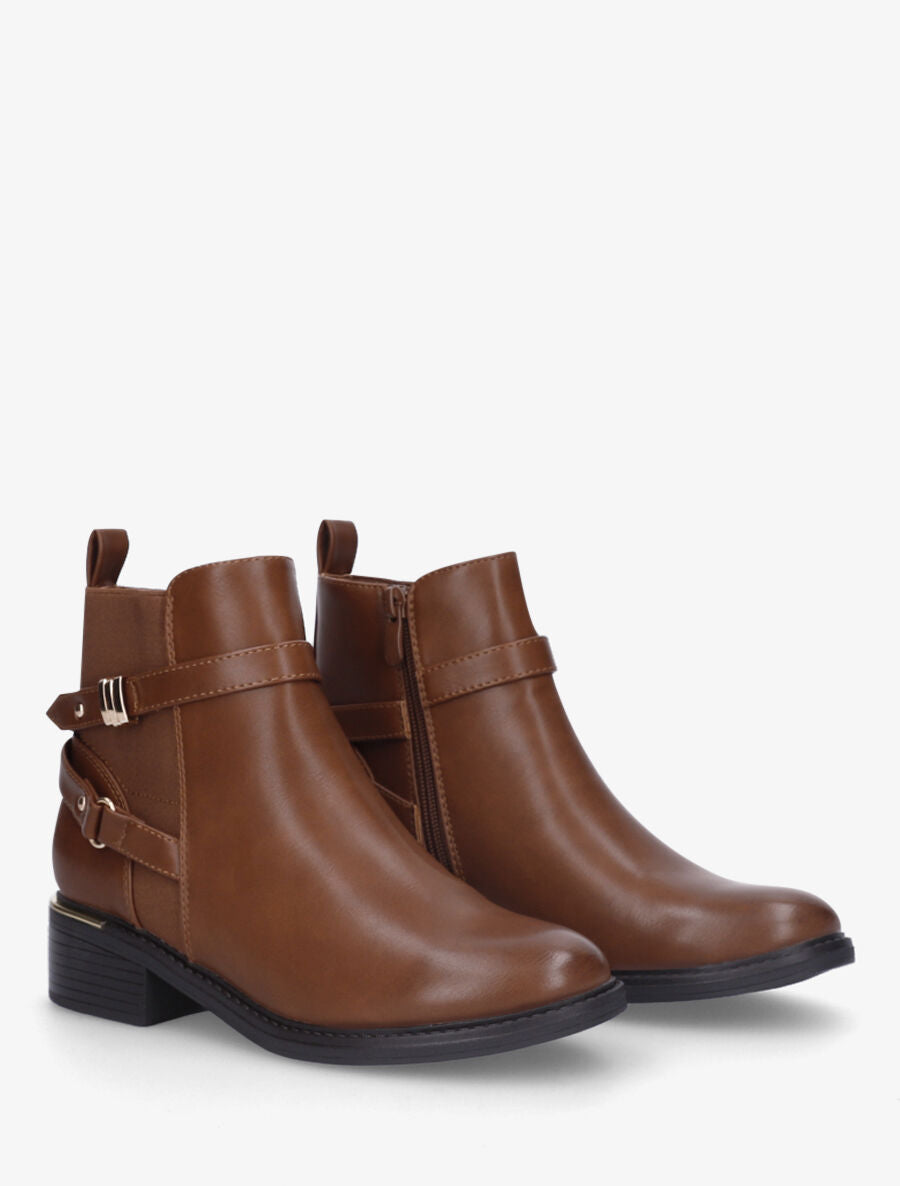 Bottines élastiquées et sanglés en simili - Camel - 4