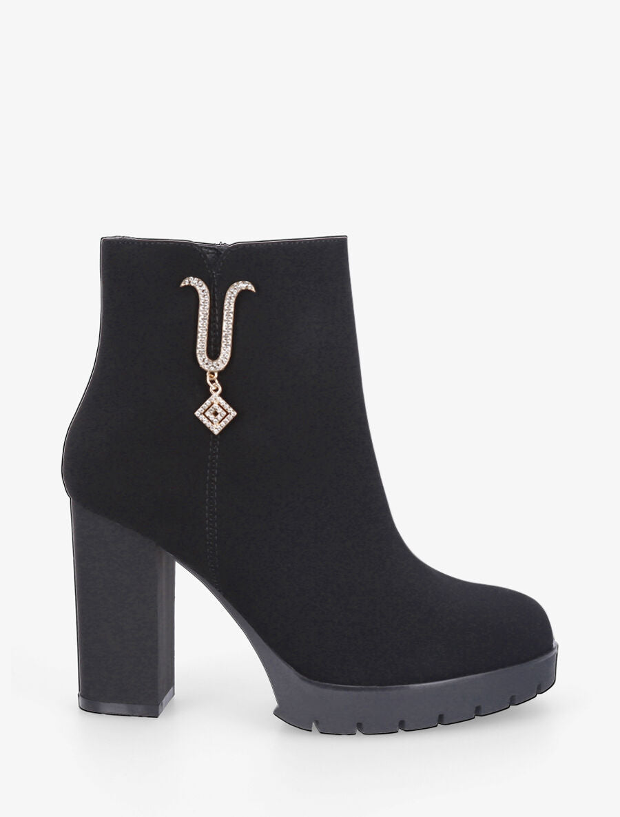 Bottines en suédine à bijou U strassés - Noir - 5