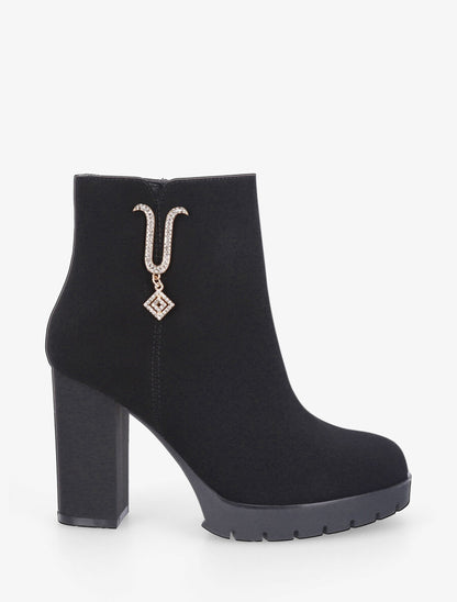 Bottines en suédine à bijou U strassés - Noir - 5