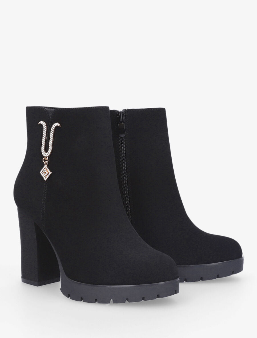Bottines en suédine à bijou U strassés - Noir - 4