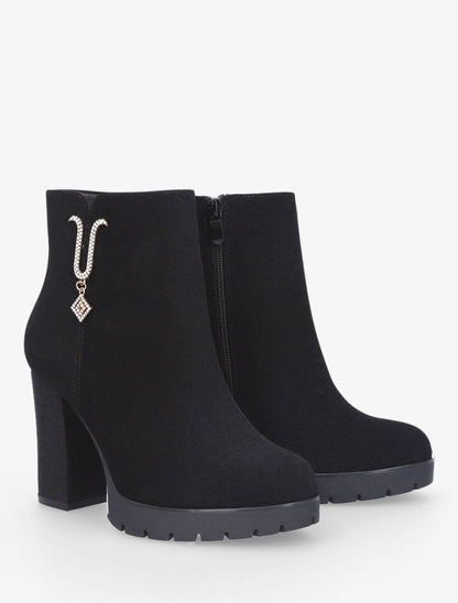 Bottines en suédine à bijou U strassés - Noir - 4