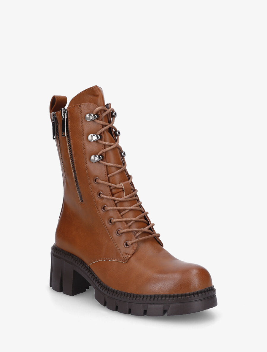 Boots montantes à lacets et zips - Camel - 2