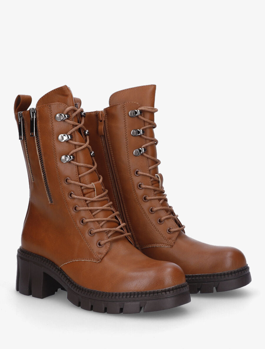 Boots montantes à lacets et zips - Camel - 4