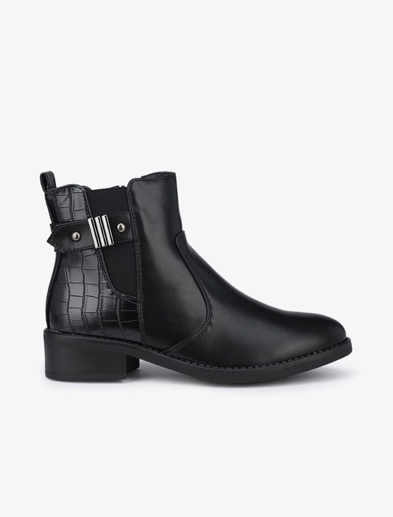 Bottines à détails croco et sangle - Noir - 1