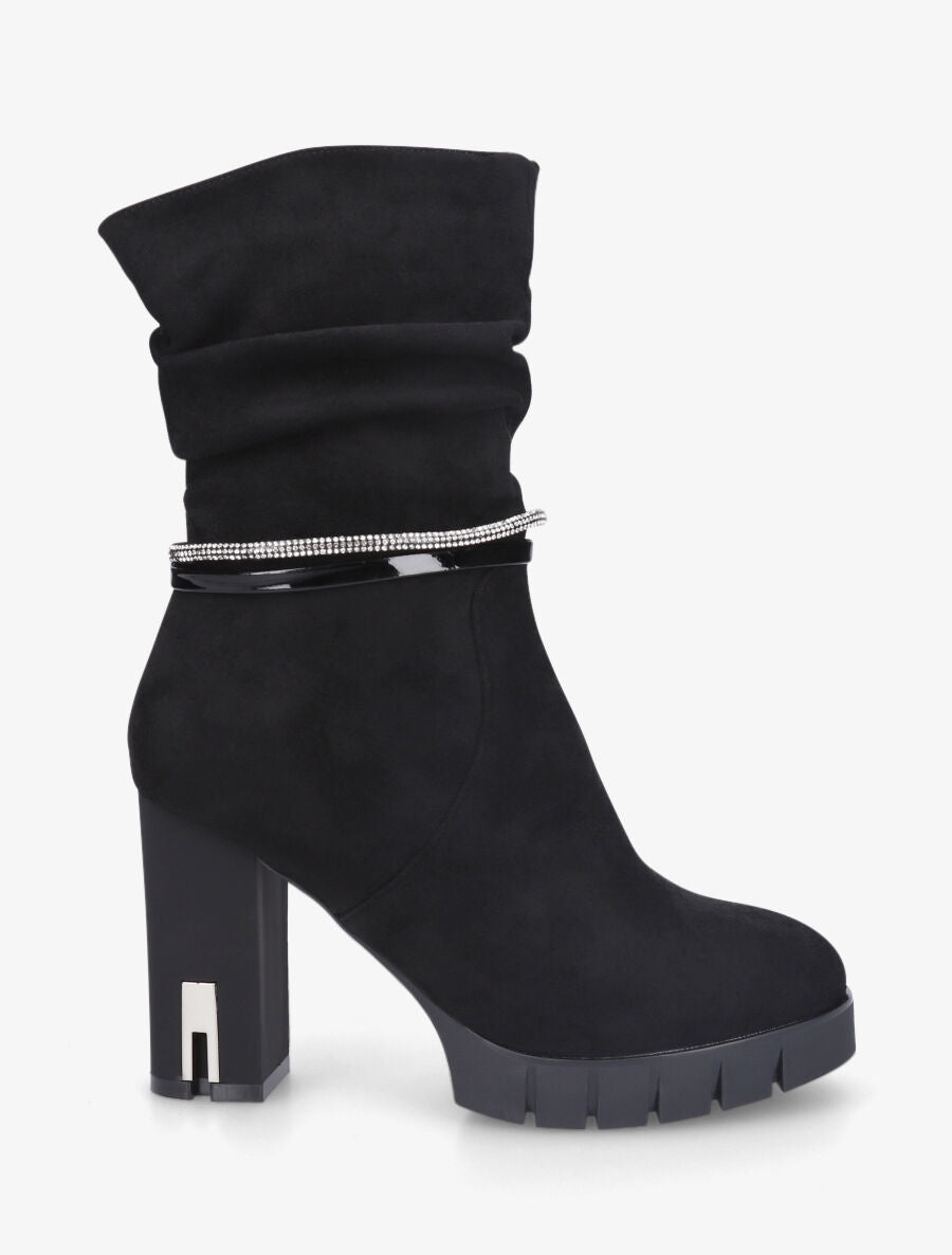 Bottines froncées à talon et strass - Noir - 1
