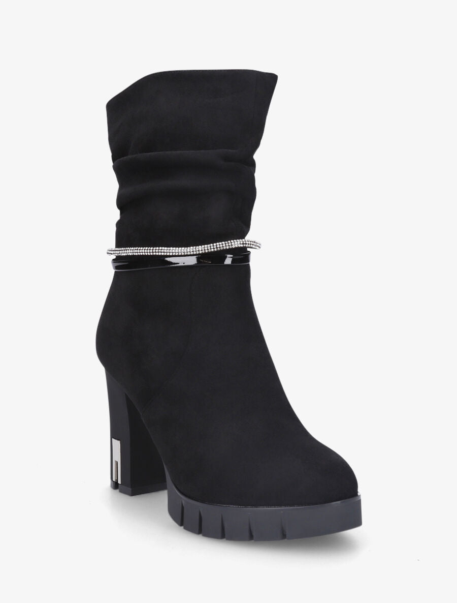 Bottines froncées à talon et strass - Noir - 2