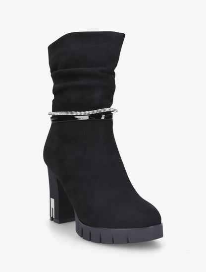 Bottines froncées à talon et strass - Noir - 2