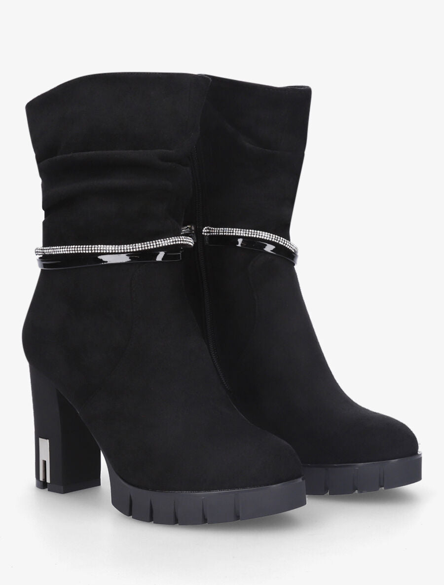 Bottines froncées à talon et strass - Noir - 4