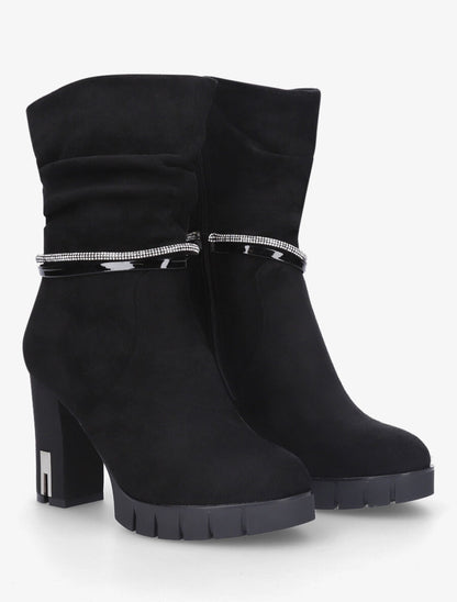 Bottines froncées à talon et strass - Noir - 4