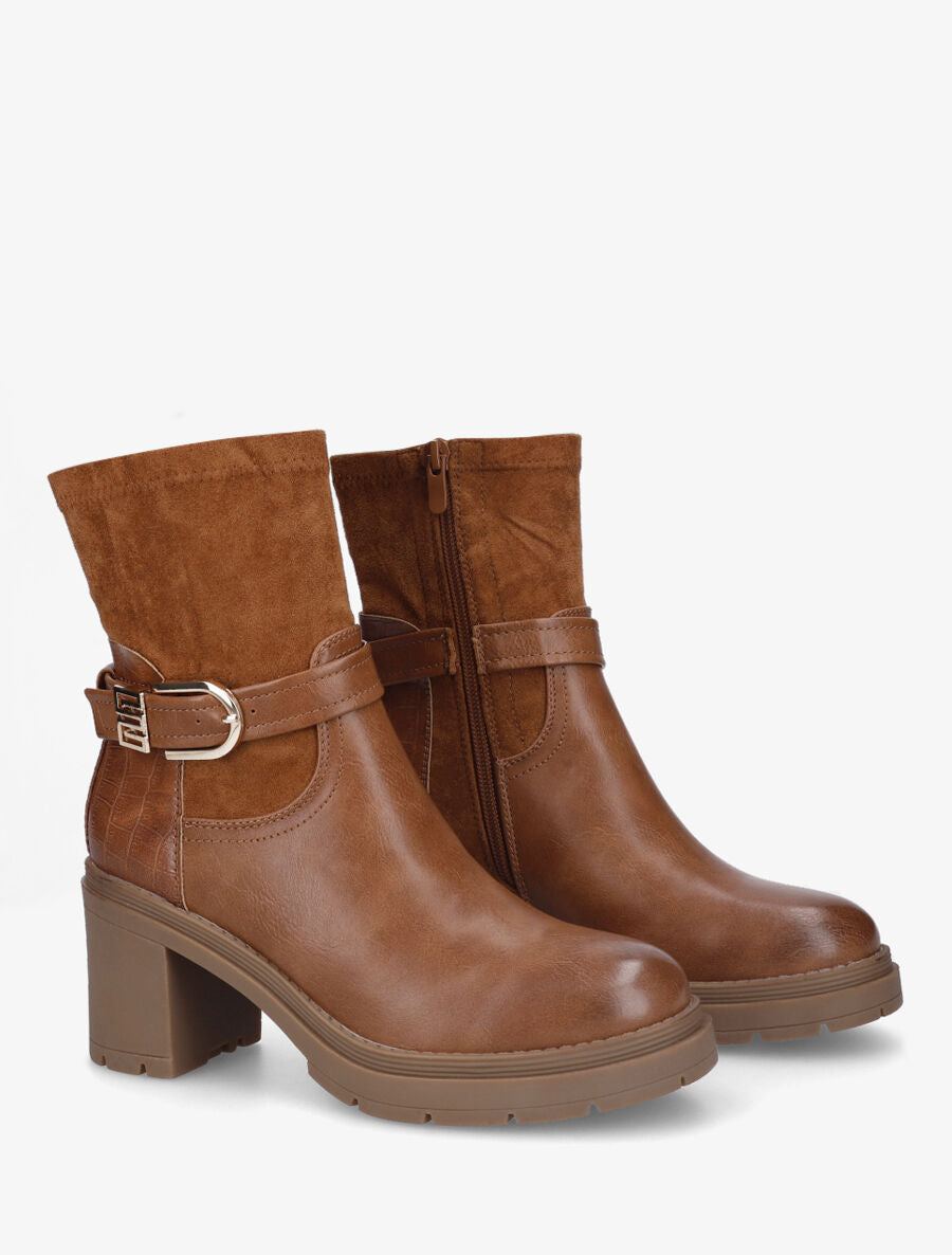 Bottines à boucle et contrefort croco - Camel - 4