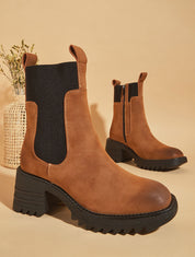 Bottines montantes à semelle crantée - Camel - 1