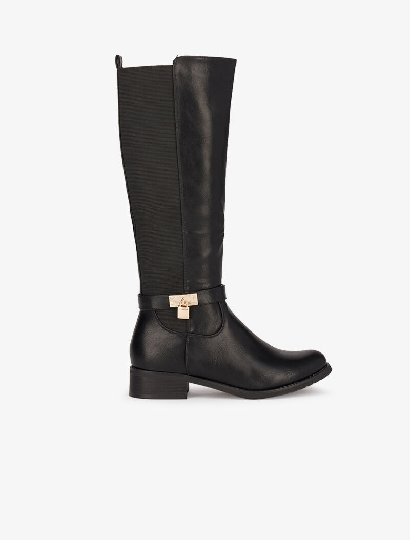 Bottes cavalières élastiquées à détail cadenas - Noir - 1