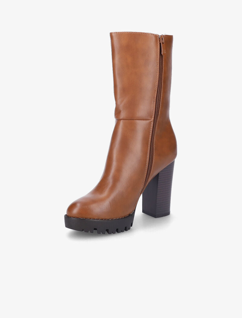 Bottines montantes à talons et semelles crantées - Camel - 4